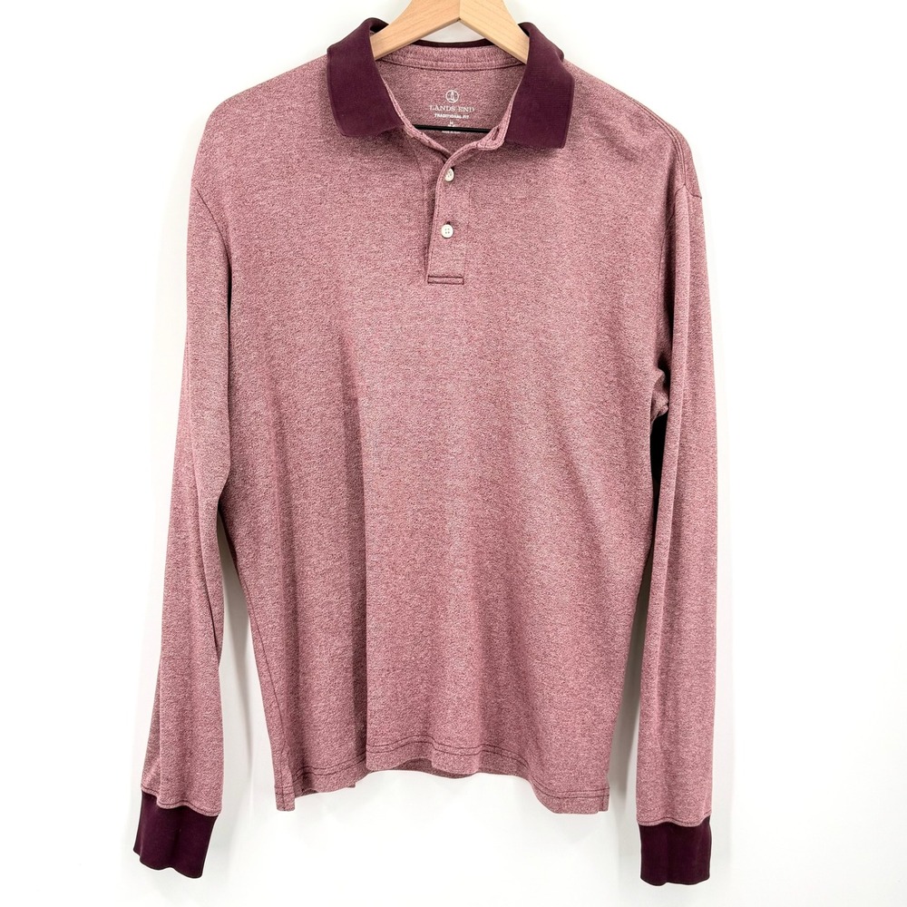 Lands' End Polo Shirt Mens M Burgundy Excellent Long Sleeve Supima Cotton